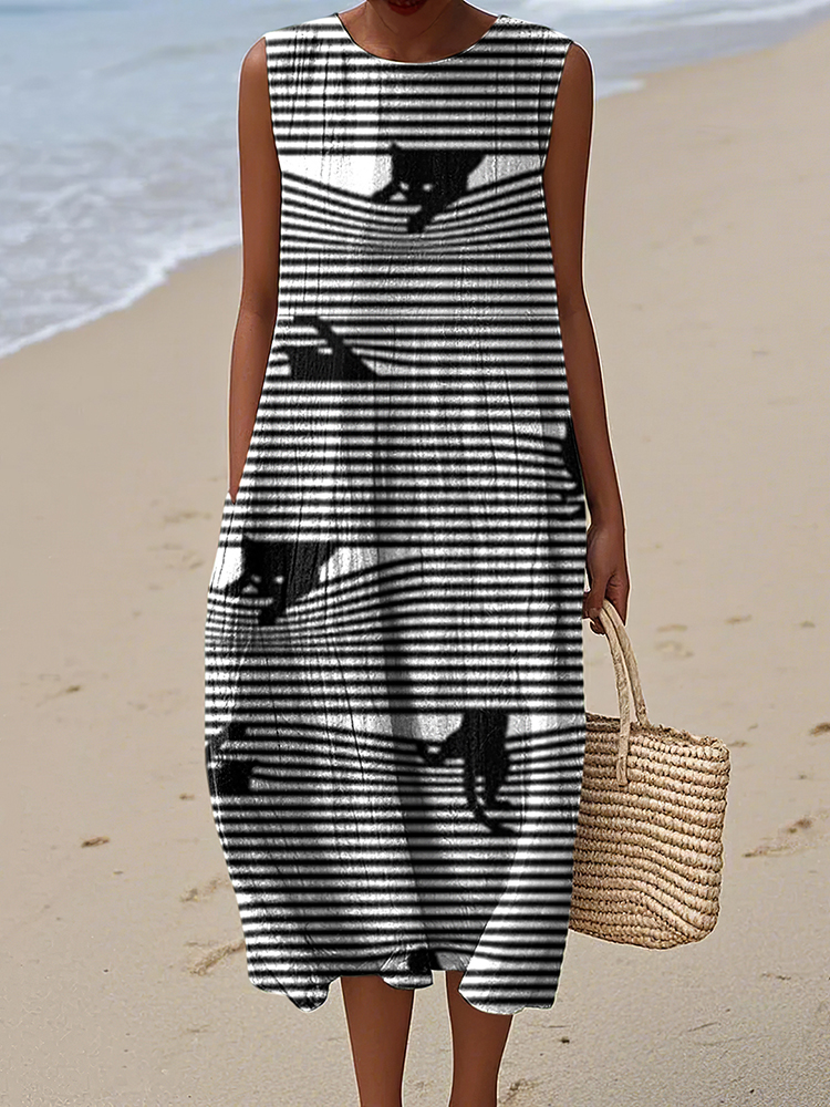 Women's Vintage Black Cats Stripes Art Print Sleeveless Dress