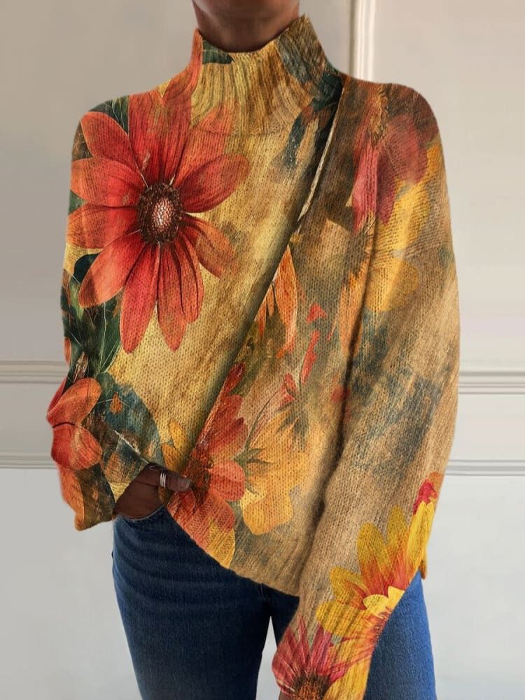 Vintage Plants Flowers Art Print Knit Turtleneck Pullover Sweater