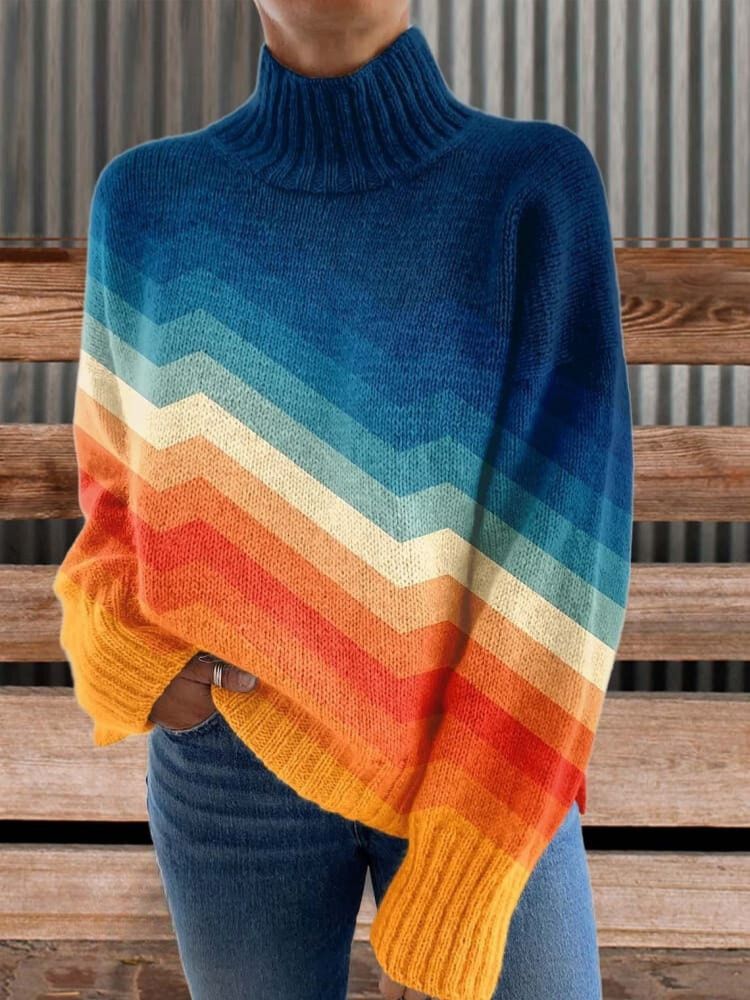 Orange and Blue Stripes Print Knit Turtleneck Pullover Sweater