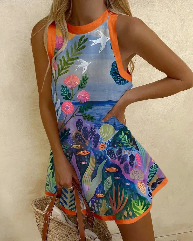 Marine Scenery Print Sleeveless Mini Dress