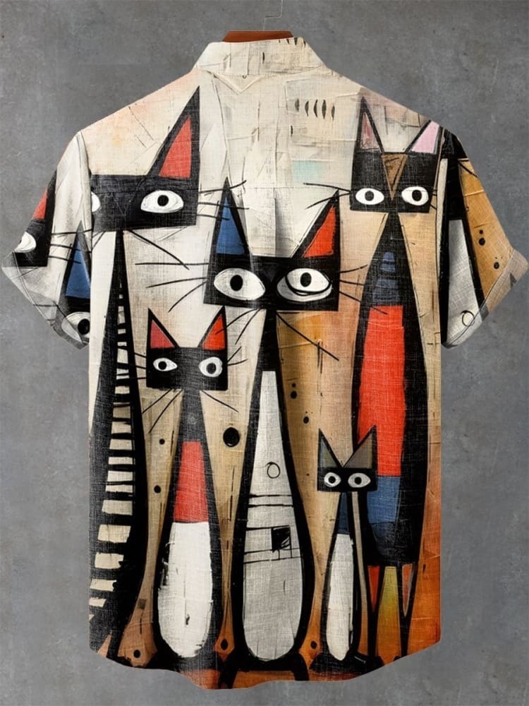 Vintage Cat Art Print Casual  Shirt