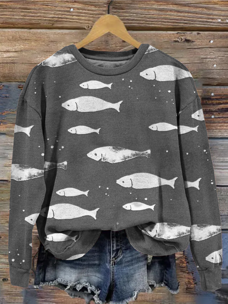 Vintage Fish Pattern Crew Neck Comfy Sweatshirt