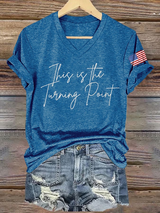 V-Neck Retro This Is The Turning Point Print T-Shirt