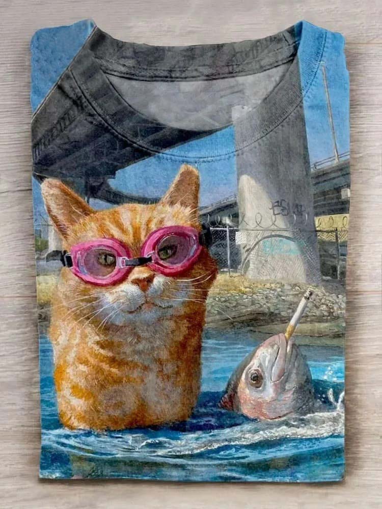 Funny Cat Fish Art Print Casual Short Sleeve T-Shirt