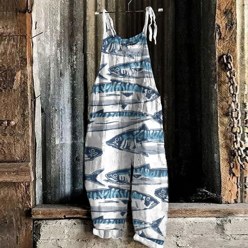 Retro Ocean Fish Art Print Linen Loose Casual Jumpsuit