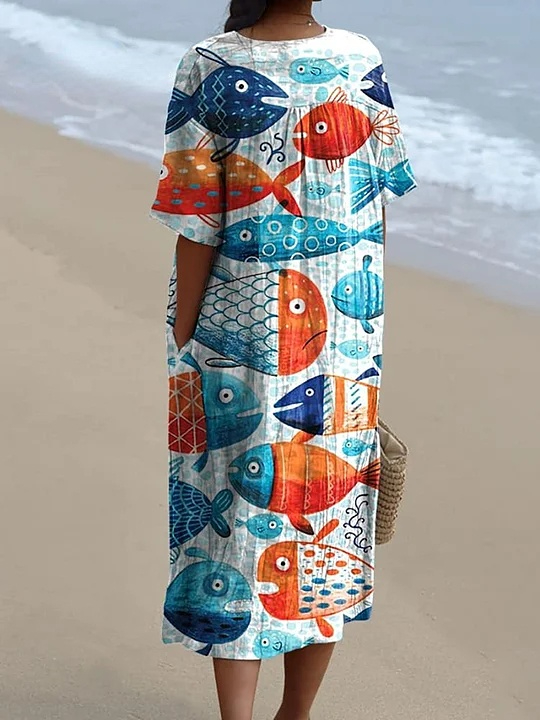 Watercolor Cartoon Fish Pattern Printed Women's Flowy Dress