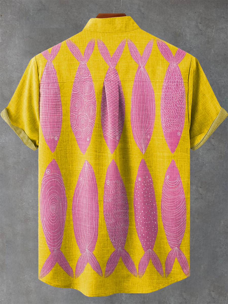 Vintage Pink Fishes Print Casual Shirt