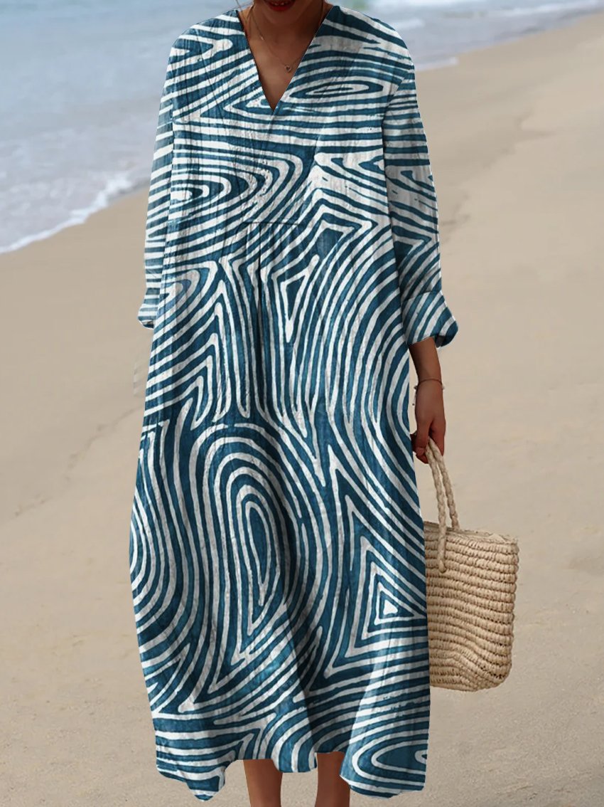 Women's Blue Irregular Texture Watercolor Splash Fluid Art Print Flowy Dress