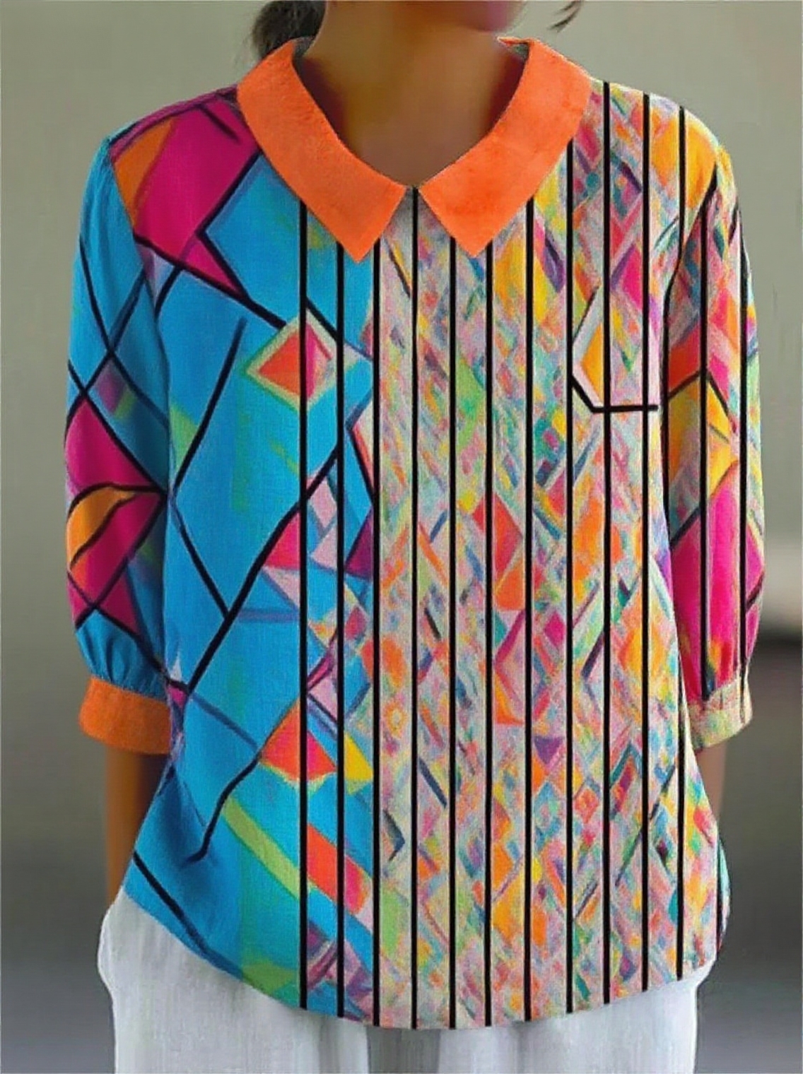 Women’s Colorful Patchwork Striped 3/4 Sleeve Shirt