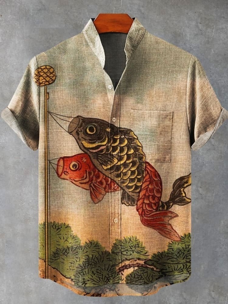 Men's Vintage Japanese Ukiyo-e Art Fish Kite Print Casual Cotton Shirt