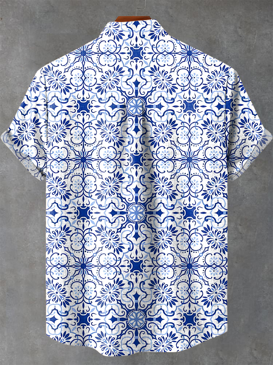 Vintage Blue ethnic continuous pattern Print Casual Shirt