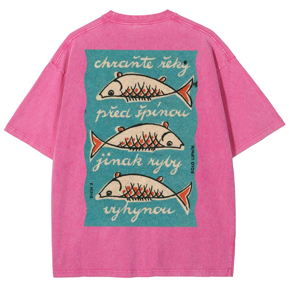 Fishes Pattern Printed Washed Vintage Short Sleeves T-Shirt