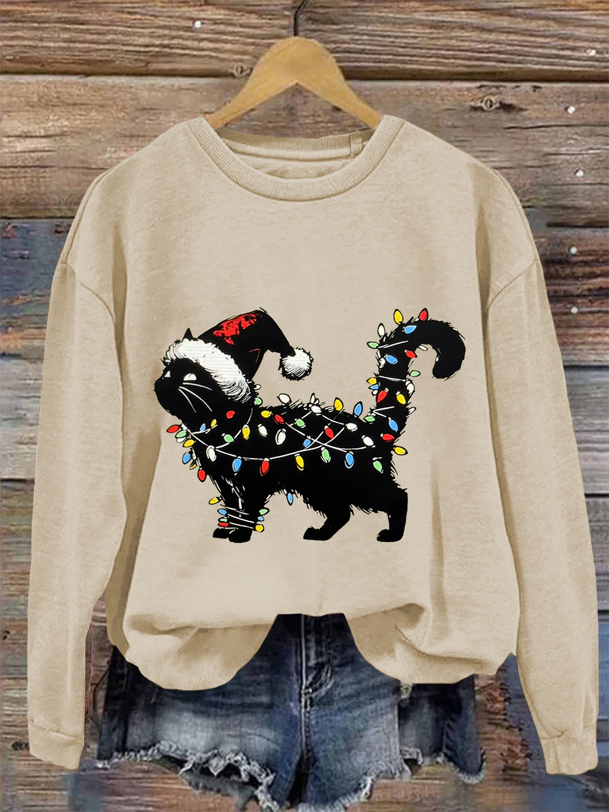 Christmas Cat Printed Fleece-lined Unisex Sweatshirt