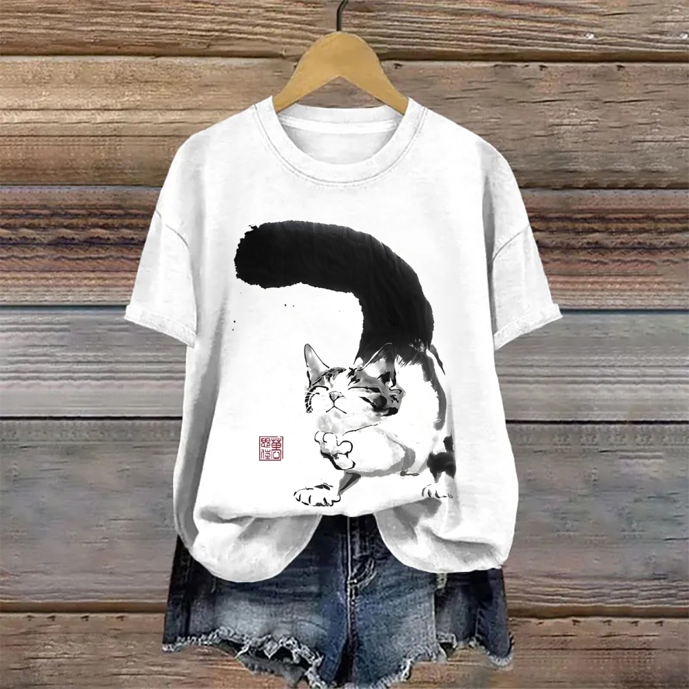 Cotton Contented Cat Ink Art Print T-shirt
