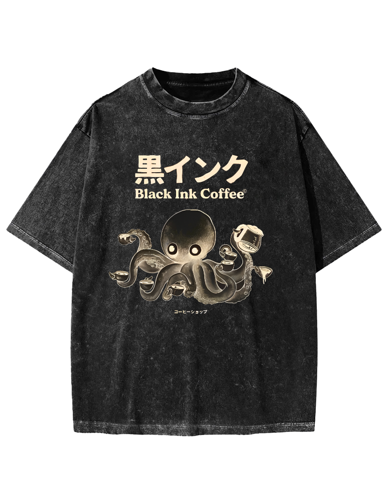 Black Ink Coffee Octopus Japan Vintage Washed T-shirt