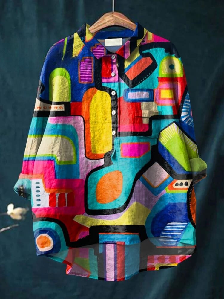 Women's Abstrct Art  Print Casual Cotton And Linen Shirt