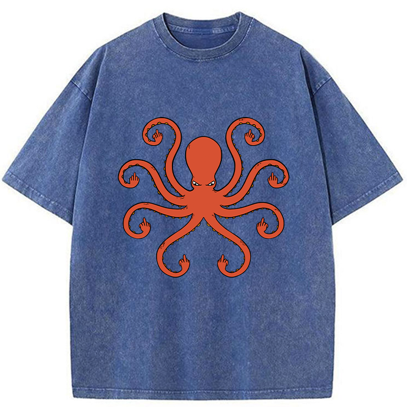 Octopus Give The Middle Finger Washed T-Shirt
