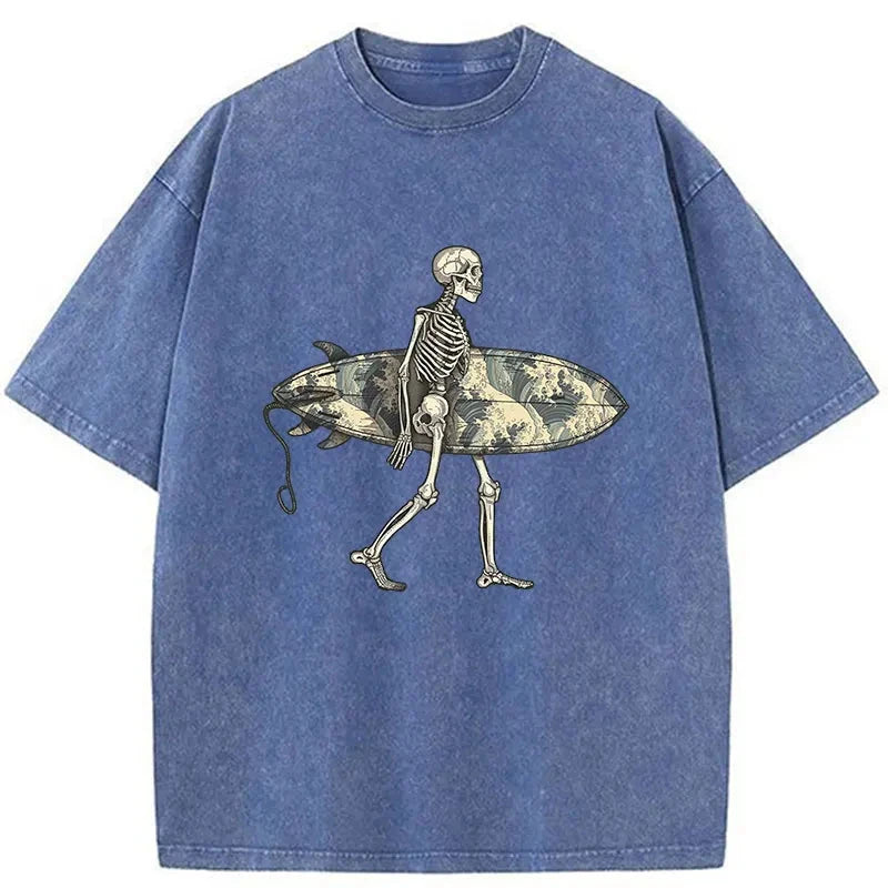   Skeleton Ready To Go Surfing Washed T-Shirt