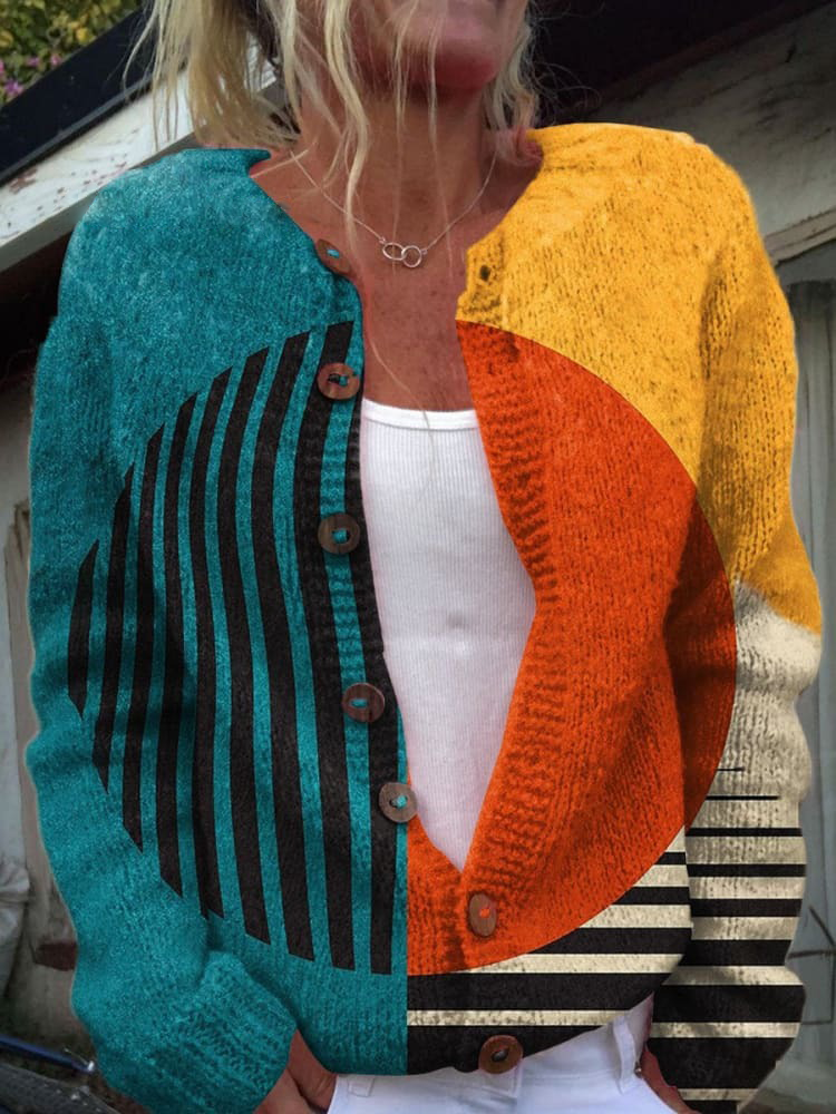 Minimalist  Abstract Lines Print Buttoned Cardigan Sweater