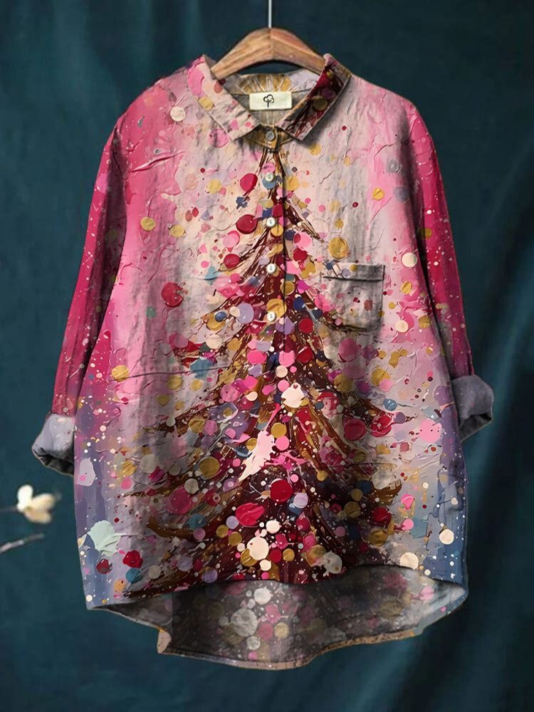 Funny Pink Christmas Christmas Tree Pattern Printed Cotton Linen Shirt