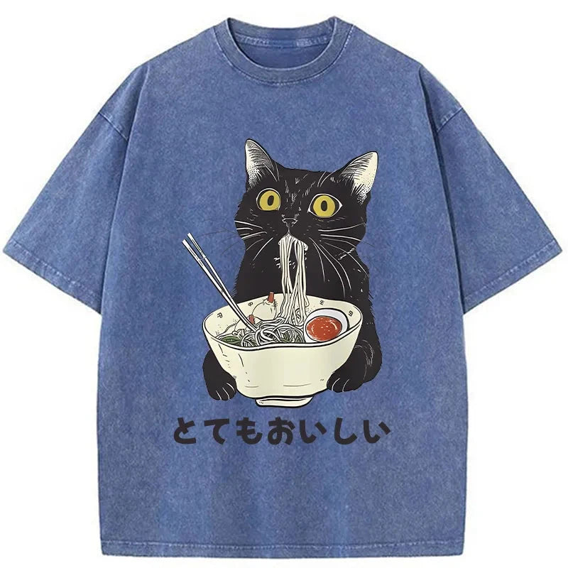Cats Eat Ramen Noodles Washed T-Shirt