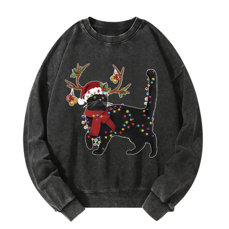 Christmas Elk Cat Washed Sweatshirt