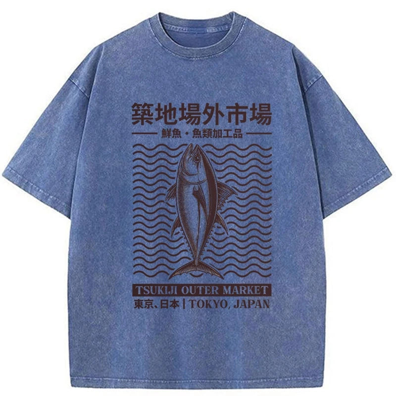 Wave Tokyo Tsukiji Fish Market Japan Washed T-Shirt