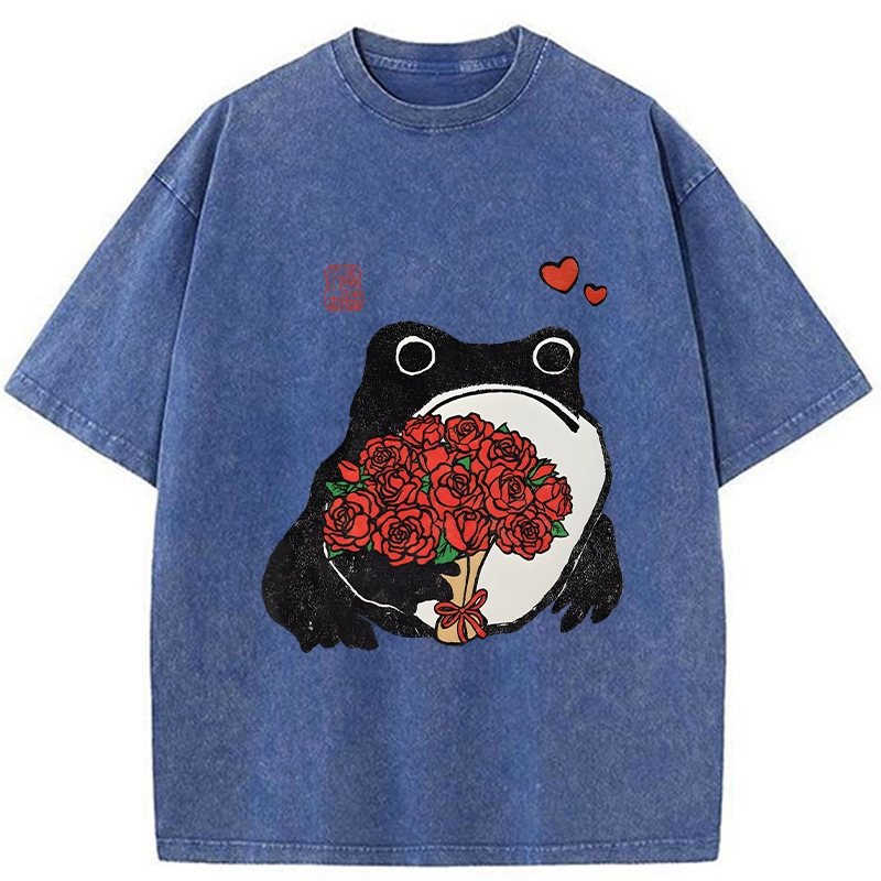 Romantic Frog Holding Roses Washed T-Shirt