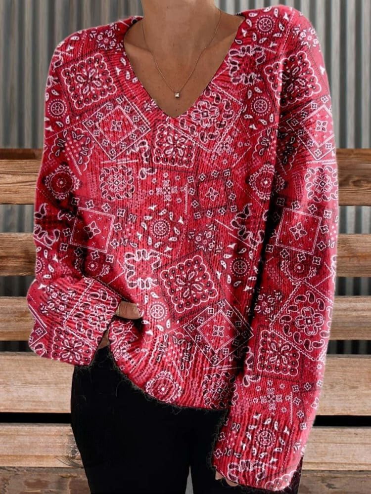 Women's Paisley Casual V-neck Pullover Knit