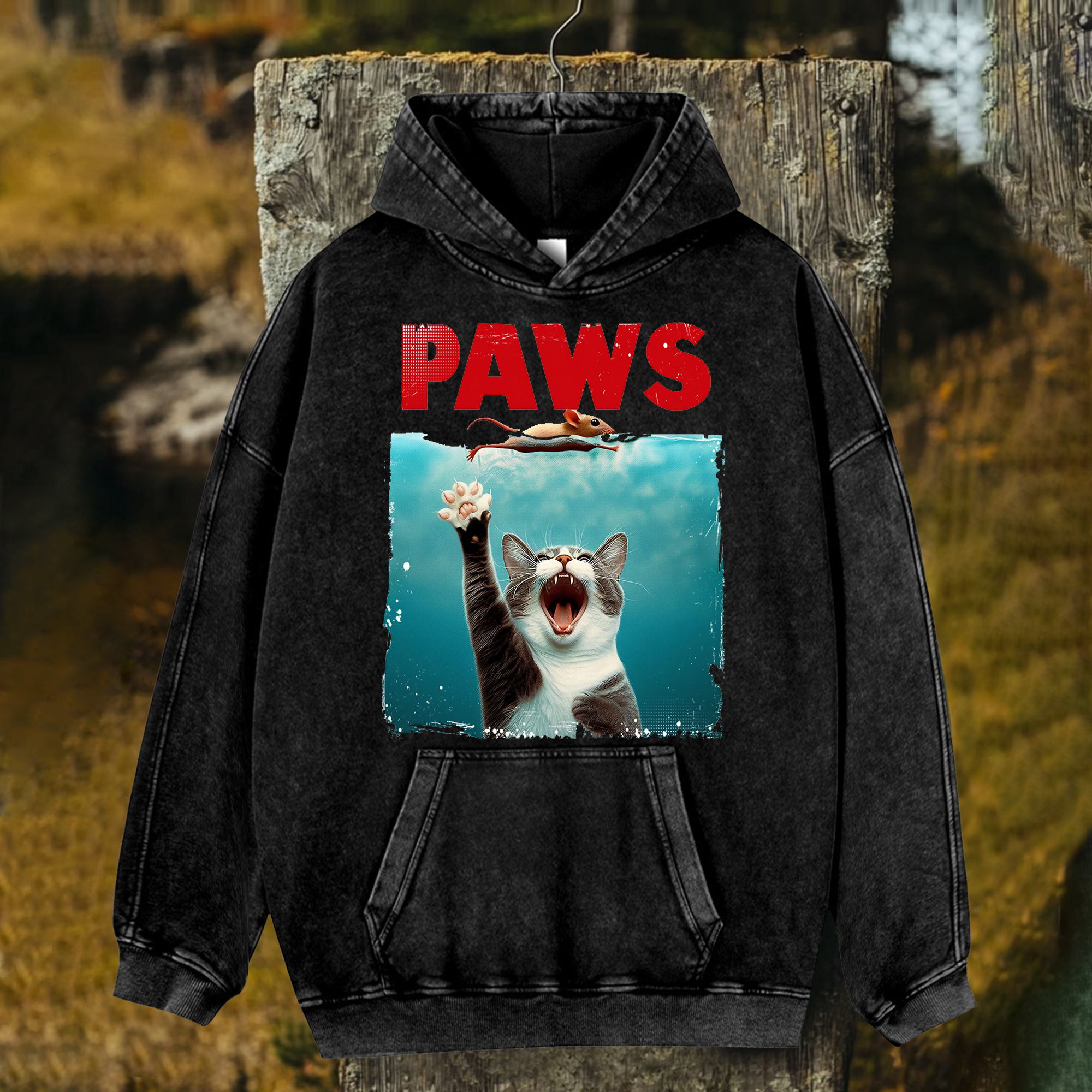 Unisex Jaws Printed Washed Hoodies