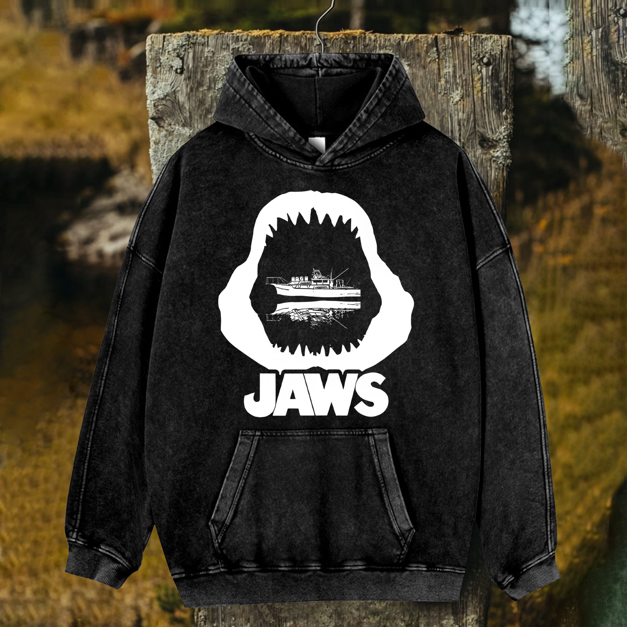 Unisex Jaws Printed Washed Hoodies