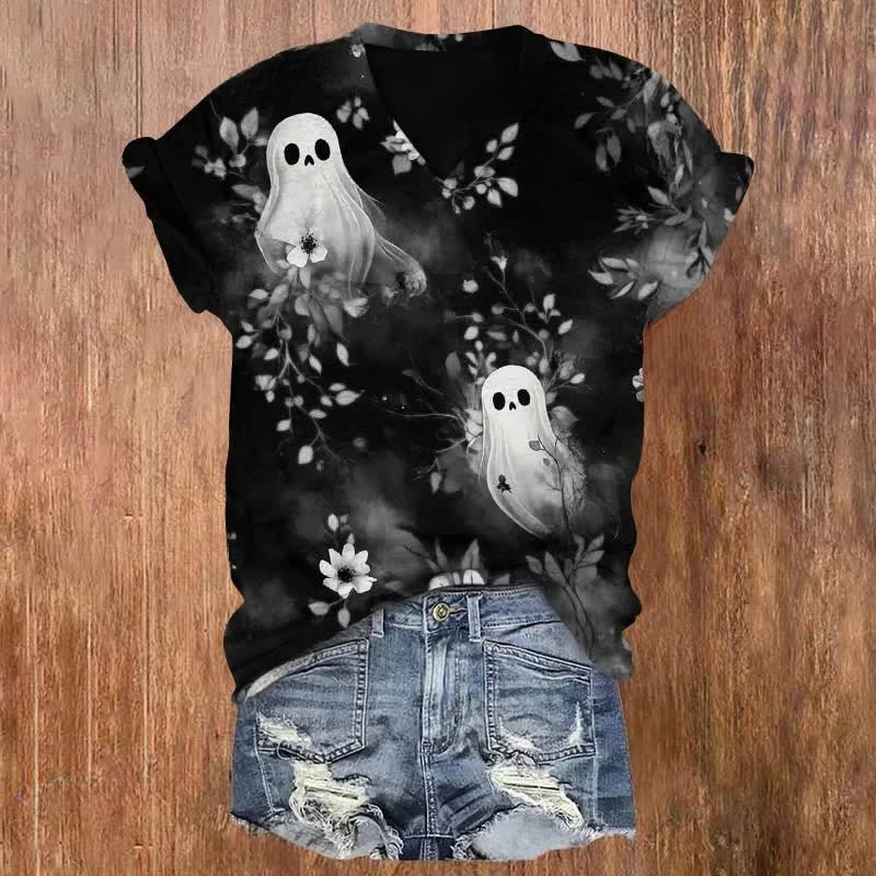 Ghost In The Flowers Halloween Print V-neck T-shirt