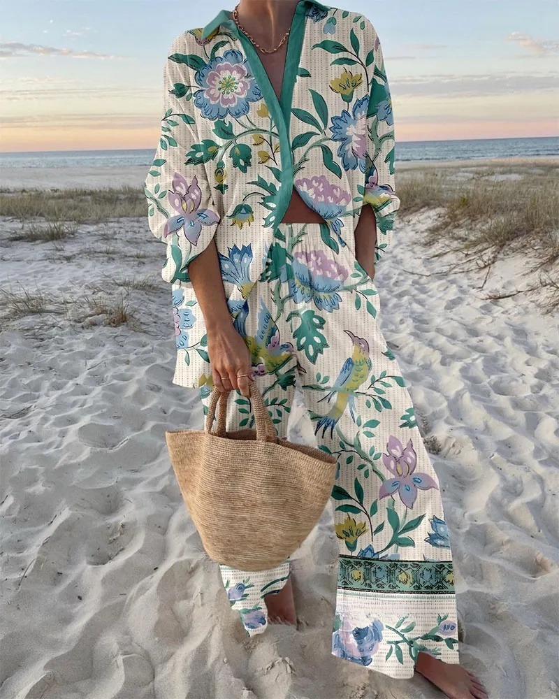 On The Magpie Branch Print Shirt & Pants Two-Piece Set