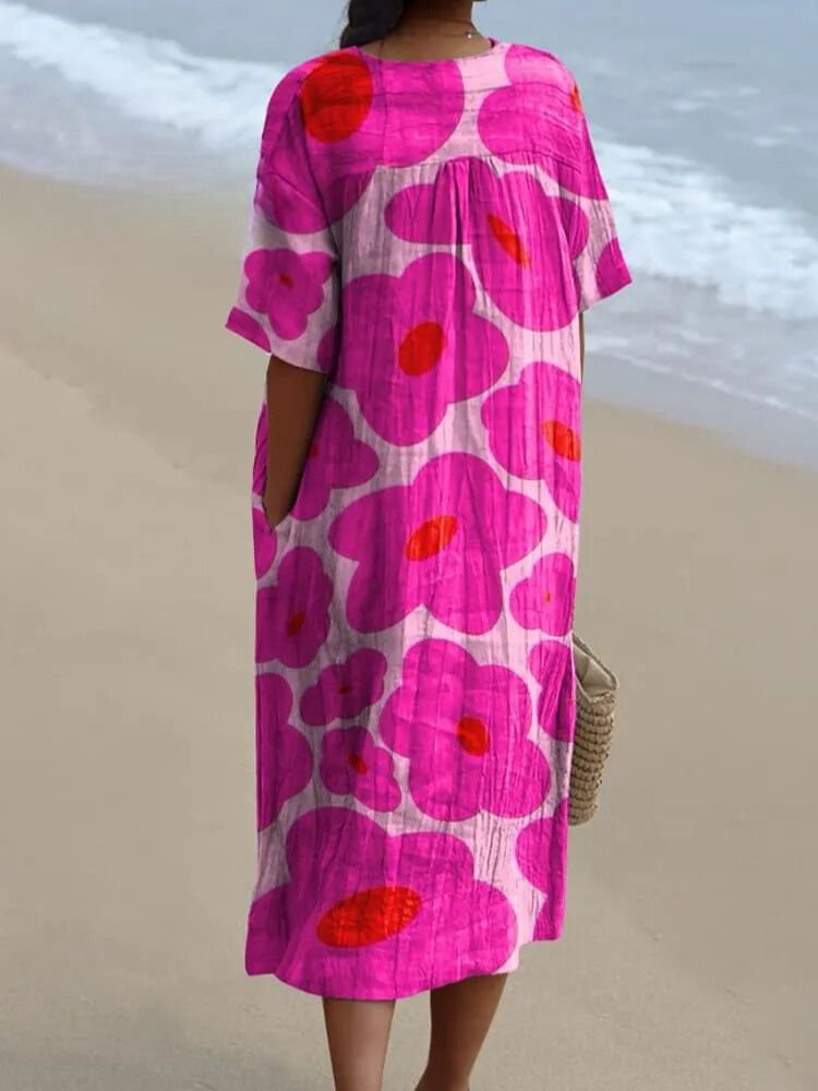 Vibrant Pink Floral Pattern Printed Women's Flowy Dress