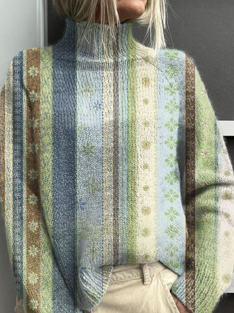 Floral Patchwork Print Knitted Turtleneck Pullover Sweater