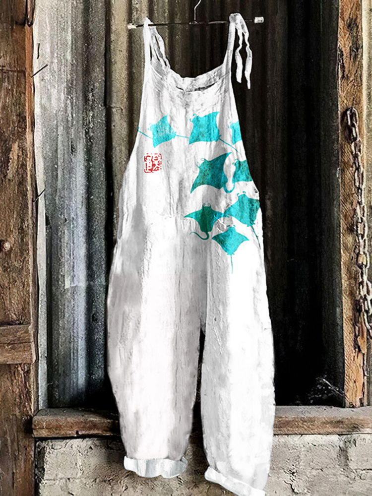 Vintage Manta Rays Art Loose Casual Jumpsuit