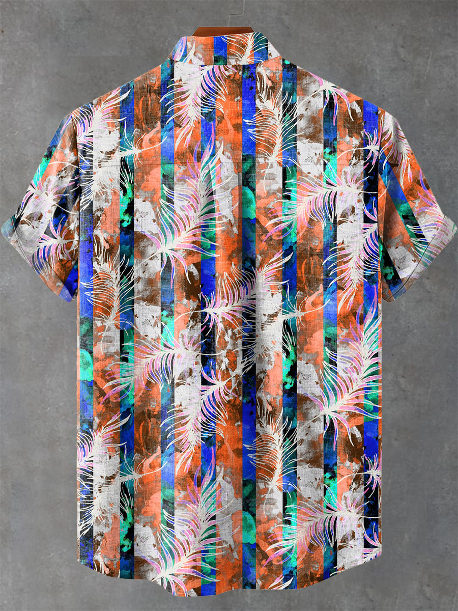 Colorful Vertical Stripes Hawaiian Holiday Leaf Decorative Pattern Casual Shirt