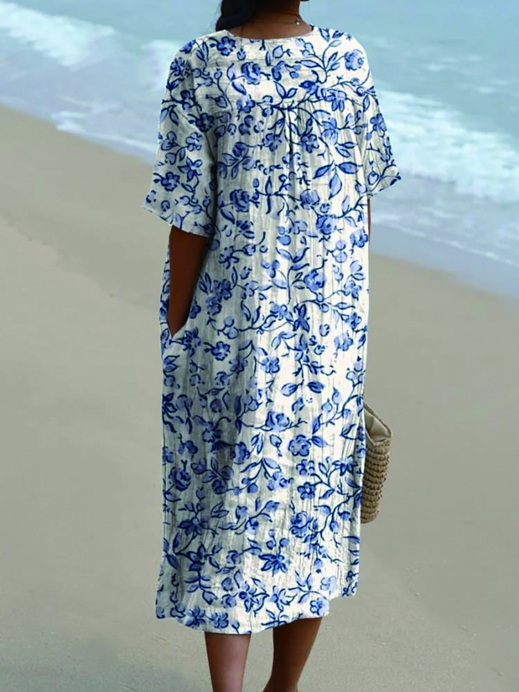 Women's Small Blue Flowers Watercolor Splash Fluid Art Print Flowy Dress