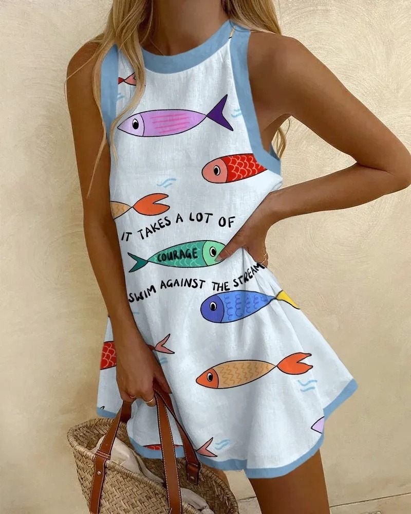 Holiday Colored Fish Print Sleeveless Dress