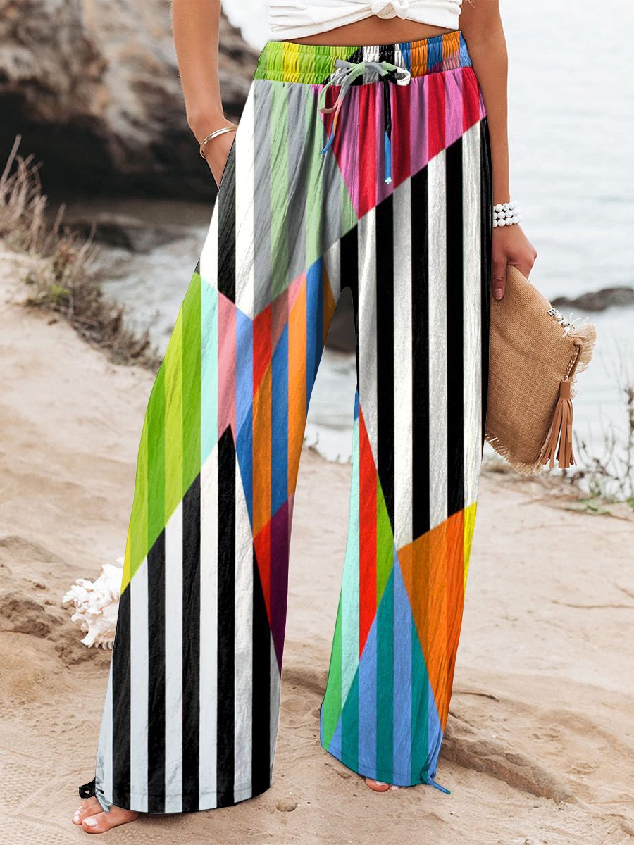 Women's Black Stripes Colorful Geometric Print Casual Pants