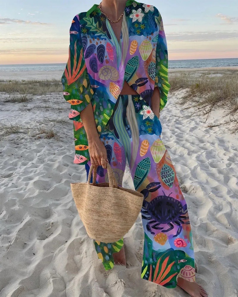 Underwater Paradise Print Shirt & Pants Two-Piece Set
