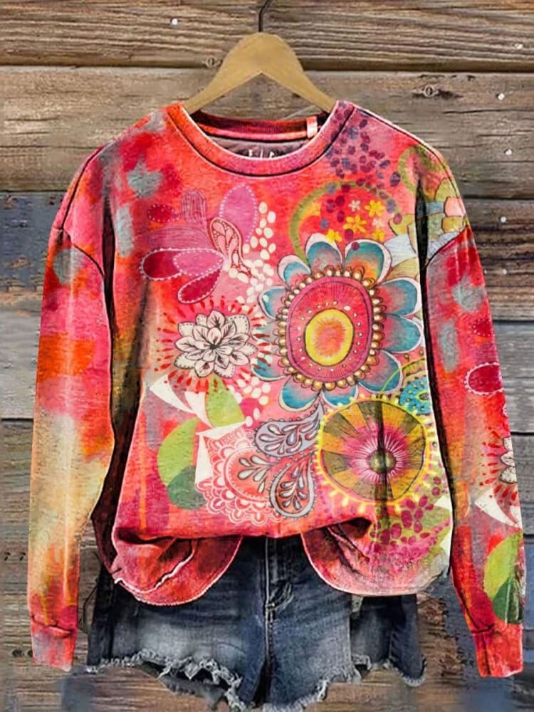 Floral Art Print Casual Sweatshirt