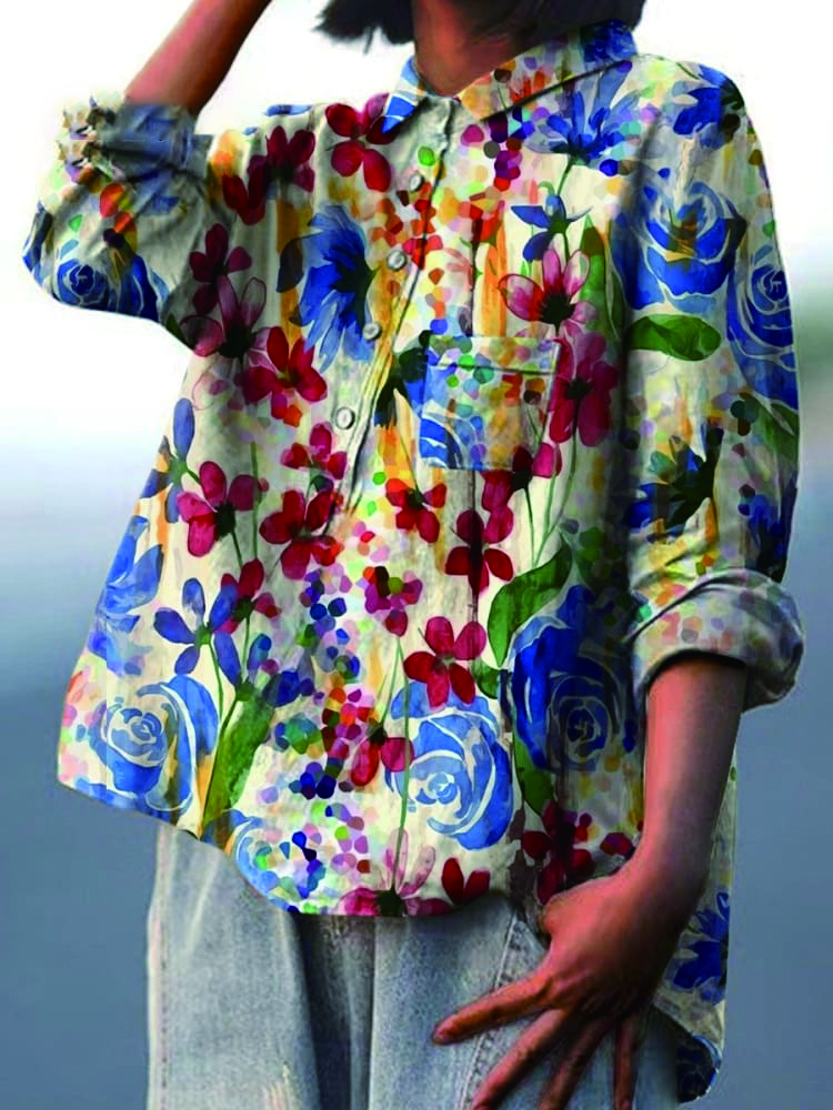 Colorful Watercolor Floral Field Printed Women's Casual Cotton And Linen Shirt