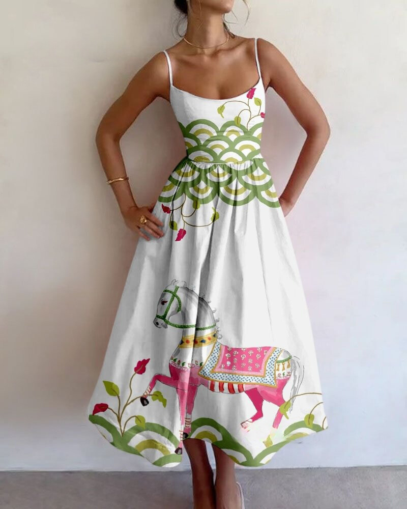 Stylish White Horse Print Mini Dress