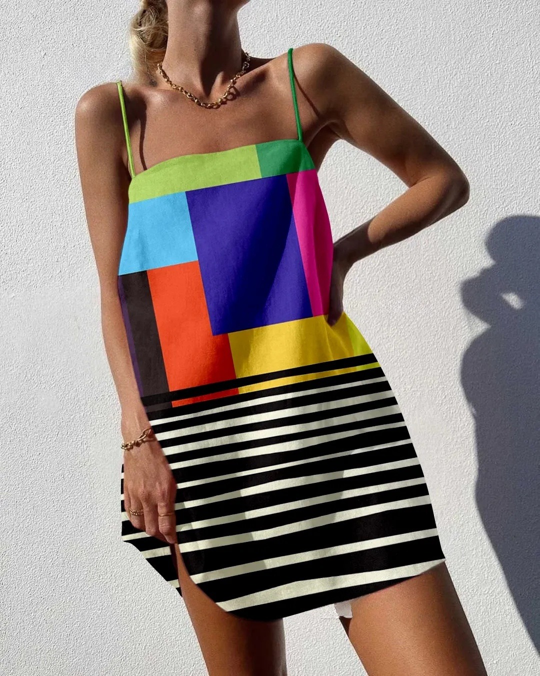 Colorful Geometric Striped Printed Slip Dress