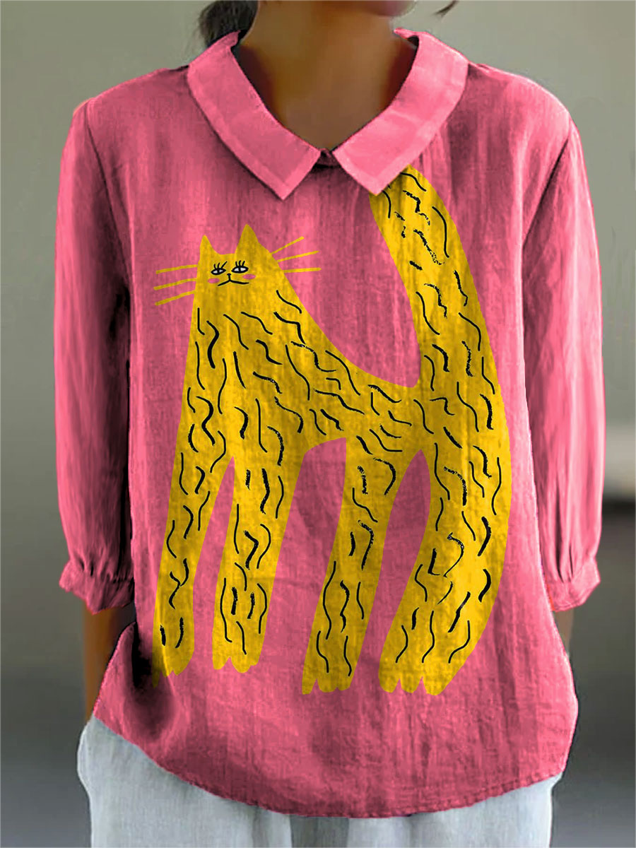 Women's Vintage Cat Art Print Casual 3/4 Sleeve Shirt