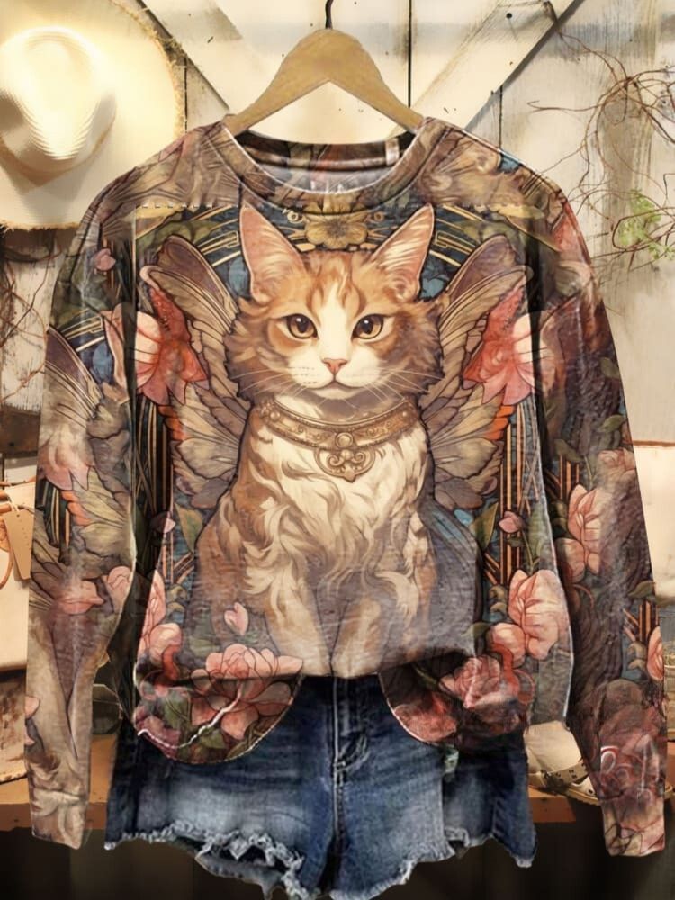 Cat and Floral Art Print Casual Sweatshirt