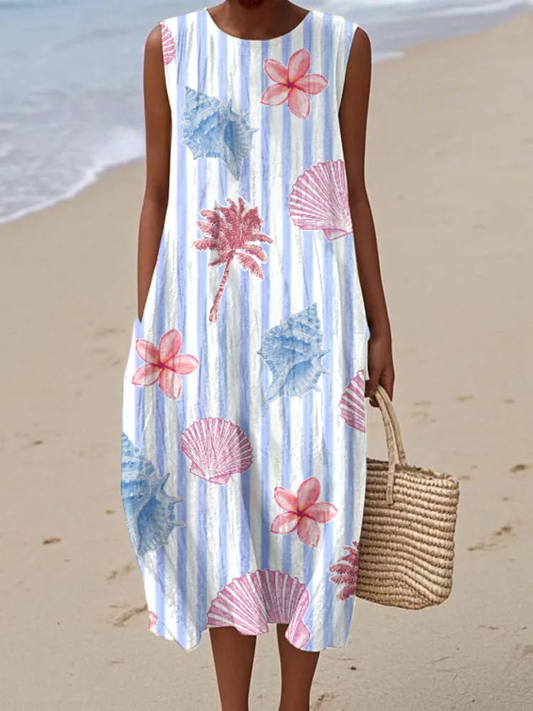 Women's Seaside Holiday Style Shells And Stripes Pattern Sleeveless Cotton Pocket Wrap Dress