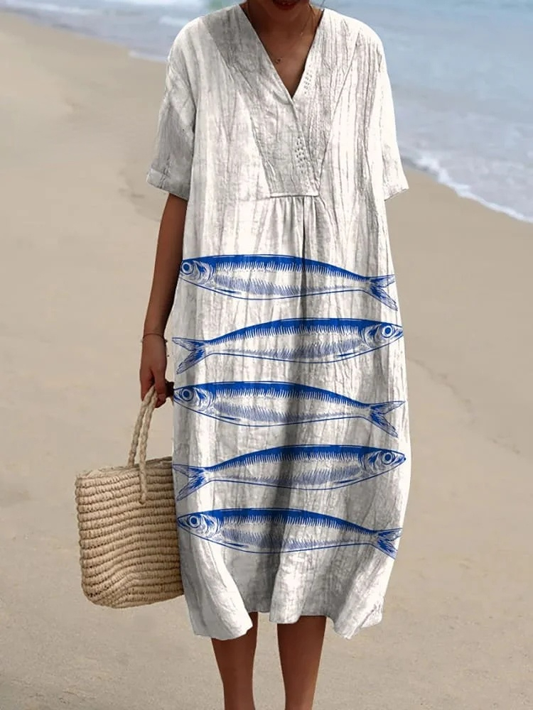 Women's Vintage Lovely Fish Art Print Flowy Dress