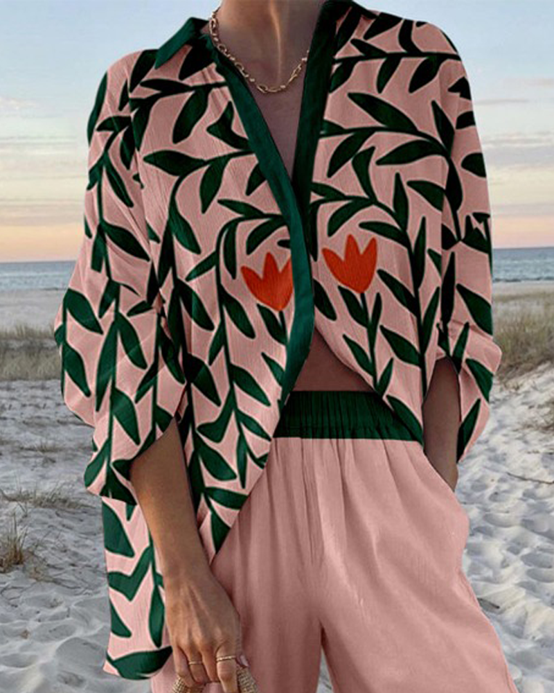 Leaf Print Shirt & Pants Two-Piece Set